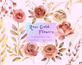 Watercolor Rose Gold Floral Clipart, Wedding Invitation Graphics (Digital Download)
