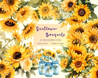 Watercolor Sunflower Bouquet Clipart, Autumn Floral PNG (Digital Download)