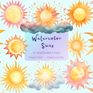 Watercolor Suns PNG Clipart, Pastel Sunrise Sunset Clip Art, Fantasy Sky, Digital Download, Commercial Use, Scrapbooking, Journal, Summer
