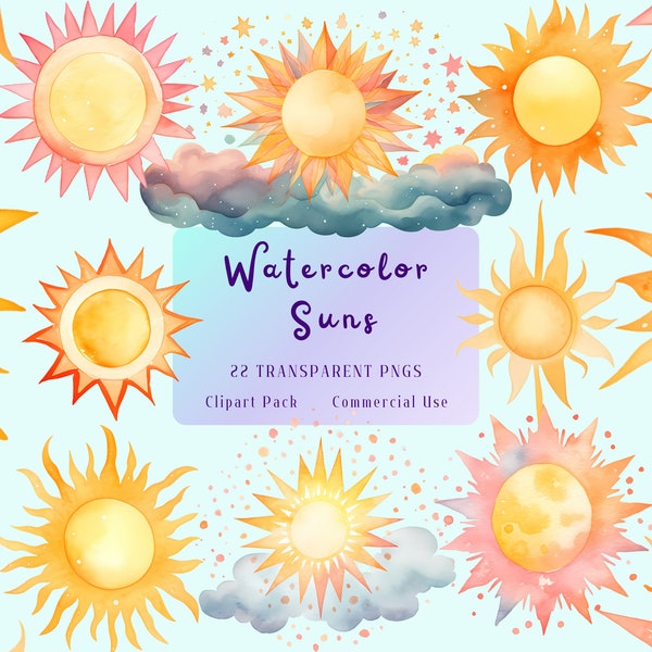 Watercolor Suns PNG Clipart, Pastel Sunrise Sunset Clip Art, Fantasy Sky, Digital Download, Commercial Use, Scrapbooking, Journal, Summer
