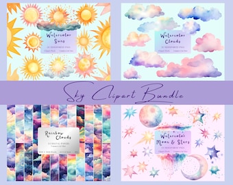 Watercolor Sky Clipart Bundle, Moon, Stars, Clouds (Digital Download)