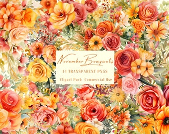 Ilustração floral em aquarela com tema de outono, buquê rústico em PNG (download digital)