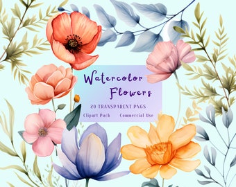 Watercolor Flower Clipart, Botanical Wedding PNG (Digital Download)