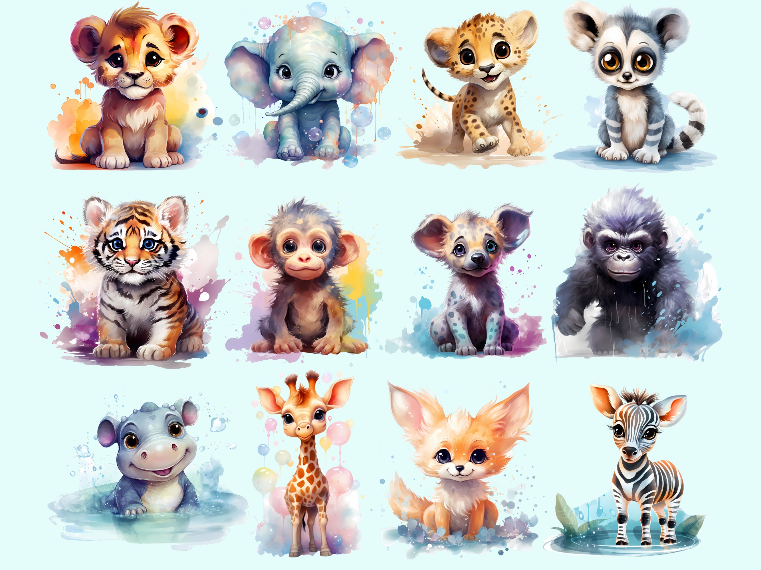 Watercolor Safari Animal Clipart, Baby Animals PNG (digital Download ...