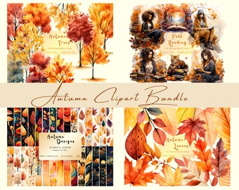Watercolor Autumn Clipart Bundle, Fall Leaves and Trees (Digital Download)