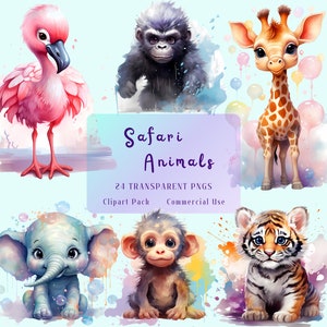 Safari Animal Watercolor Clipart, Elephant Tiger Lion Monkey, Baby Animal PNG Clip Art, Digital Download, Commercial Use, Hippo Giraffe