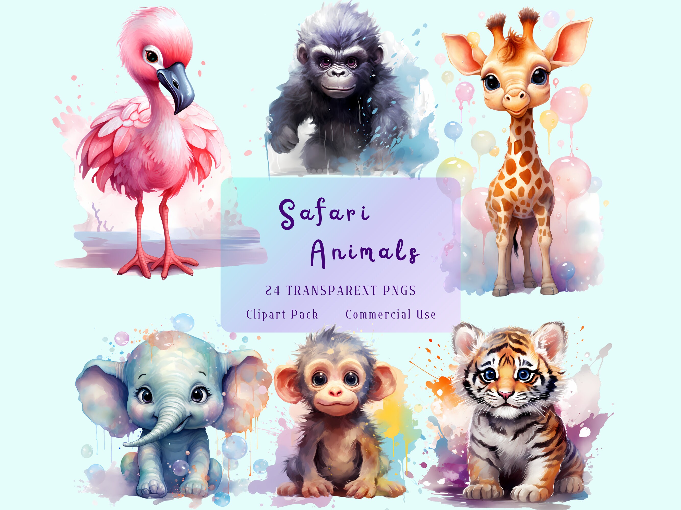 Watercolor Safari Animal Clipart, Baby Animals PNG (digital Download ...