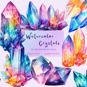 Watercolor Crystals PNG Clipart, Rainbow Fairy Crystal Clip Art, Fantasy Crystals, Digital Download, Commercial Use, Scrapbooking, Journal