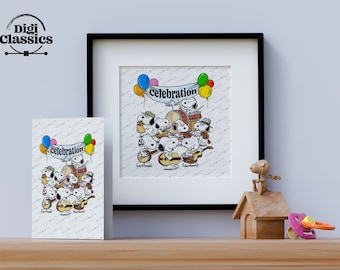 Celebration, Fiesta, Happy Bday!, Snoopy, Peanuts Cute Illustration, Birthday Celebration, Postcard art, Nursery-Child Art, Digital Clipart.