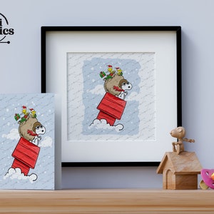 Roter Baron rettet Weihnachten!, Weihnachtssnoopy, Erdnuss-niedliche Illustration, Feiertags-Feier, Postkartenkunst, Kinderzimmer - Kinderkunst.