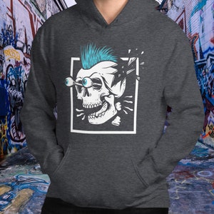 Punk Rock Skull Hoodie with Electric Blue Mohawk - Cozy Unisex Statement Hooded Sweatshirt