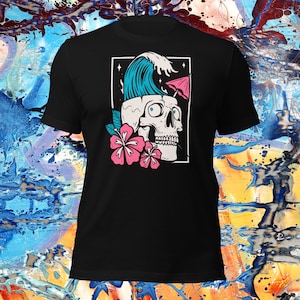 Punk Music Shirt, Vibrant Floral Skull Tee, Pop Punk Tshirt, Funny Colorful Punk Rock T-Shirt, Surf Clothing