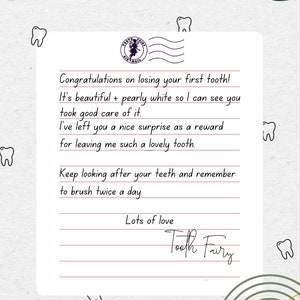 Tooth Fairy Note | Kids Note | Tooth Fairy Letter | Printable Letter | Instant download