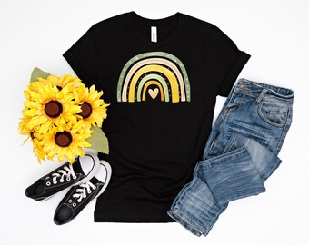 Boho Yellow and Green Rainbow shirt, Rainbow shirt, Rainbow tshirt, Boho shirt, Positive Vibes shirt, Positive Rainbow shirt