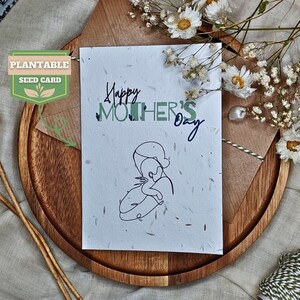Tarjeta para el Día de la Madre que se puede plantar, tarjetas ecológicas de Nature’s Wishes, papel con semillas de flores silvestres, dibujo lineal de mamá y bebé, tarjeta para cultivar,