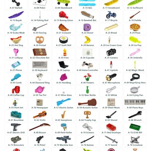 May include: A grid chart titled CHOOSE AN ACCESSORY displaying 95 small plastic toy items labeled A-01 through A-96. Each item is depicted with its corresponding code and name, including sports equipment, food, musical instruments, and tools.