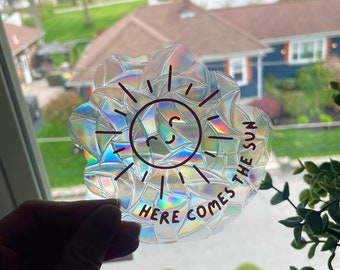 Here Comes the Sun Catcher - Handcrafted - Glass-Free Decor - Lyric Inspired - Peel and Stick Sunlight Charm - Radiant Rainbow Sunshine
