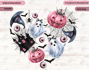 Love Halloween Png, Pink Halloween Doodles Png, Heart Halloween Png, Spooky Pumpkin Png, Cute Ghost Png, Girly Halloween Png, Coquette Bow