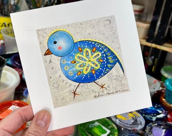 BLUE BIRD 6x6 square art print, whimsical, fun, bright, joyful fine art print.