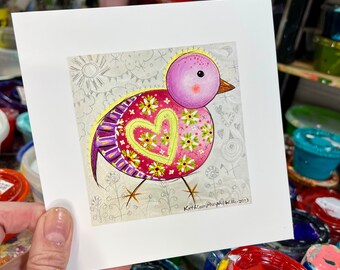 PINK BIRD 6x6 square art print, whimsical, fun, bright, joyful fine art print.