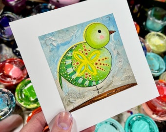GREEN BIRD 6x6 square art print, whimsical, fun, bright, joyful fine art print.
