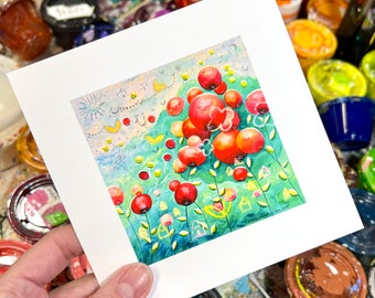 RED and PINK FLOWERS 6x6 square art print, whimsical, fun, bright, joyful fine art print.