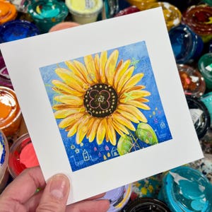 SUNFLOWER square art print, whimsical, fun, bright, joyful fine art print.