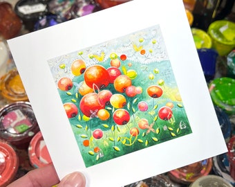 ORANGE and PINK FLOWERS 6x6 square art print, whimsical, fun, bright, joyful fine art print.