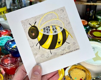 BEE with HEART TATTOO 6x6 square art print, whimsical, fun, bright, joyful fine art print.