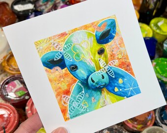 BLUE COW 6x6 square art print, whimsical, fun, bright, joyful fine art print.
