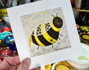 BEE with FLOWER TATTOO 6x6 square art print, whimsical, fun, bright, joyful fine art print.