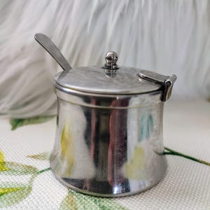 May include: A silver sugar bowl with a lid and a small spoon. The bowl has a rounded shape and a smooth, shiny surface.