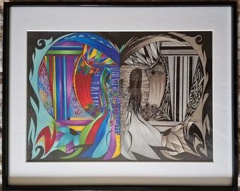 Reflection, Framed A3 Marker Drawing