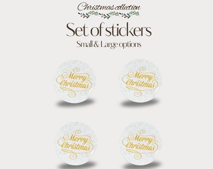 Small or Large - White & Gold "Merry Christmas" Christmas Stickers
