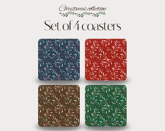 Set of 4 - Colourful Holly Branch Coasters