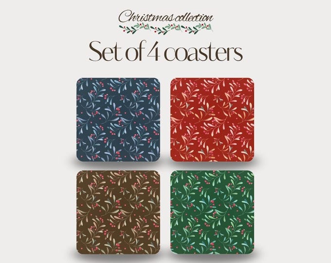 Set of 4 - Colourful Holly Branch Coasters