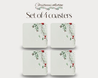 Set of 4 - Simple Holly Branch Coasters