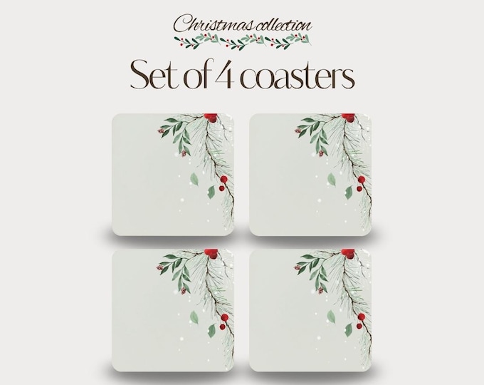 Set of 4 - Simple Holly Branch Coasters