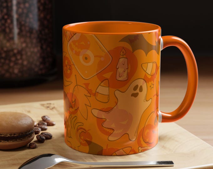 Autumn Halloween Mug – Spooky Cute Fall Coffee Cup – Pumpkin, Ghost & Autumn Leaves – Fun Halloween Gift