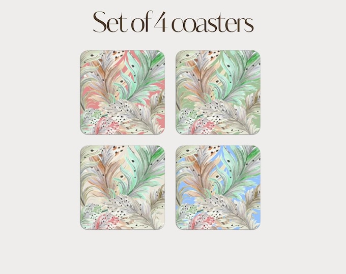 Set of 4 - Colourful Feather Pattern Coasters