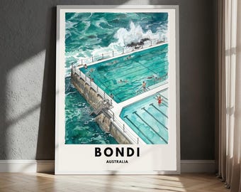 Impresión de viaje a Bondi Beach - Póster de Australia - Inspiración retro vintage - Regalo personalizado para bodas, cumpleaños y viajeros - Icebergs Pool Bondi Sídney