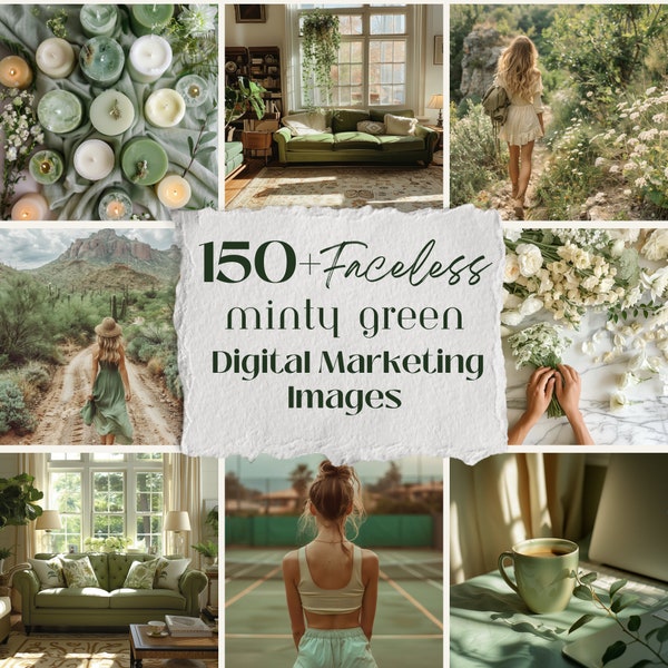 150 Aesthetic Faceless Instagram Photos with Master Resell Rights MRR and Private Label Rights PLR Faceless Digital Marketing Pictures Green