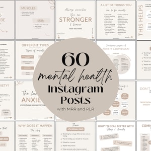 60 Mental Health Instagram Post Templates with MRR and PLR Resell Rights, Neutral Aesthetic Instagram Template, Anxiety Faceless Instagram