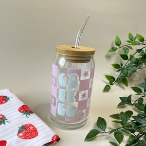 Blumen Kaffee Libbey Glas | Bambusdeckel und Strohhalm | 16oz Glastasse | Eiskaffee