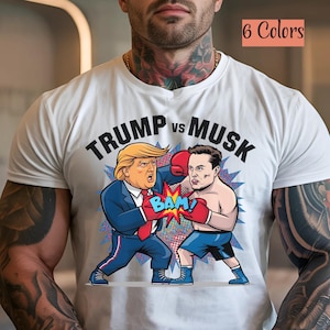 T-shirt Trump vs Musk bokswedstrijd – grappig shirt politieke satire in stripstijl voor memeliefhebbers en vrijheidsstrijders