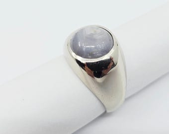 Unique 14K Karat Solid White Gold Cabochon Grey Star Sapphire Ring - Size 7.50