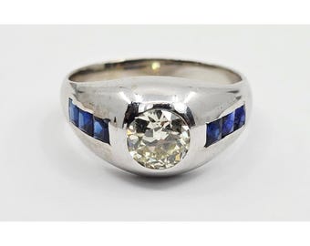 14K White Gold Dome Bezel Set Old European Cut Diamond & Sapphire Ring Size 8.75