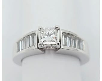 14K Solid White Gold Princess & Baguette Cut Diamond Engagement Ring - Size 5