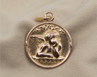 Vintage E Dropsy 18K Rose Gold Round Pensive Cherub Baby Angel Charm Pendant