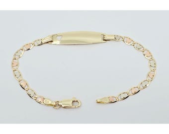 Unique 14K Tri Tone Multi Color Gold Designer Link ID Heart Bracelet - 6" Length